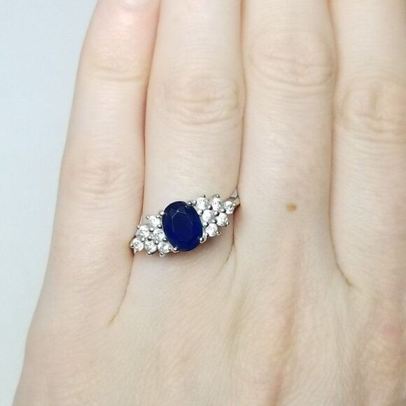 Vintage Sterling Silver Blue Oval Rhinestone Ring, Size 6 Band, Cluster Cocktail - Picture 9 of 9